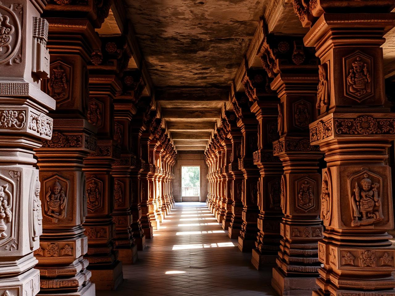 Carved stone pillars in the corridor of Sri Ravadhuli Ankalamma Talli Temple